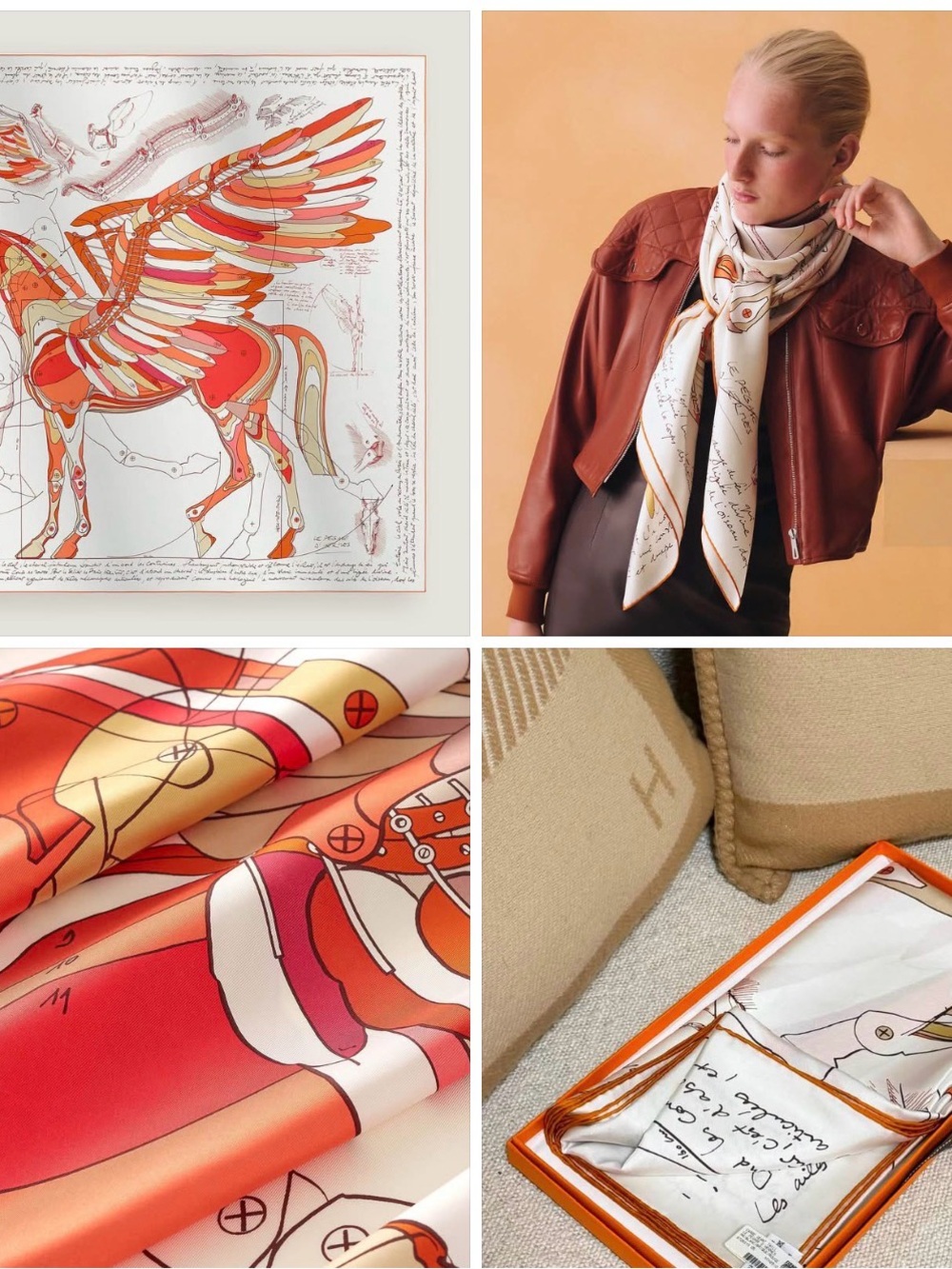 Silk Scarf with Orange & Cream Pegasus Print